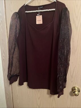 BloomChic Burgundy V-Neck Sweater with Sheer Puff Sleeves